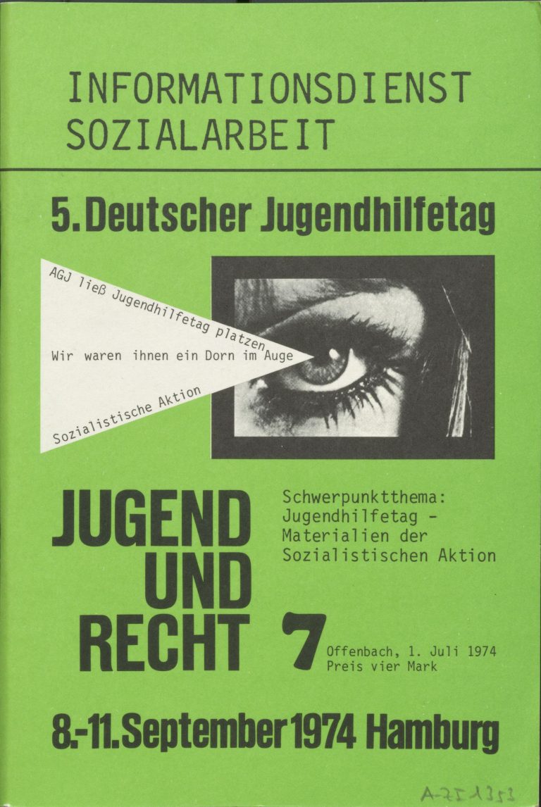 Titelseite der Zeitschrift "Informationsdienst Sozialarbeit" mit Aufmacher "5. Deutscher Jugendhilfetag 8.-11. September 1974 Hamburg"