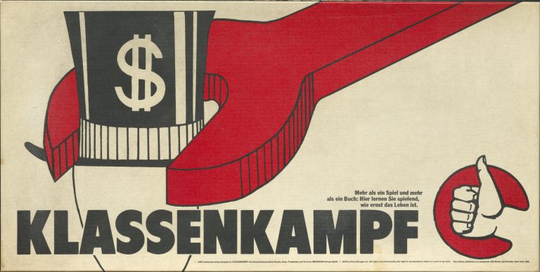 Deckel des SPielekartons von "Klassenkamf" mit schwarzem Zylinderhut mit Dollar-Zeichen und rotem Schraubenschlüssel