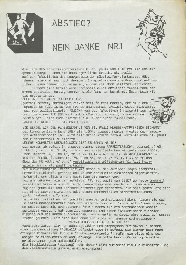 Ein Flugblatt, schwerzer Text af weissem Grund, Überschrift "Abstieg? Nein Danke Nr1", am Rand einige cartoonhafte Zeichnungen