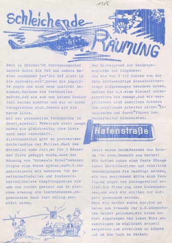 Flugblatt Hafstanreße "Schleichende Räumung", September 1986