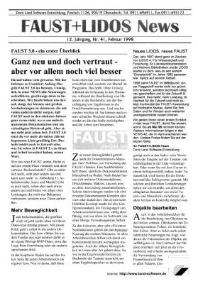 Titelseite FAUST und LIDOS News mit Vorstellung FAUST 3.0, 12. Jahrgang, Februar 1998.