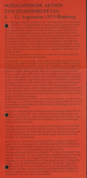 Flugblatt der Sozialistischen Aktion zum 5. Deutschen Jugendhilfetag, Seite 1