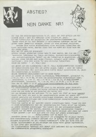 Ein Flugblatt, schwerzer Text af weissem Grund, Überschrift "Abstieg? Nein Danke Nr1", am Rand einige cartoonhafte Zeichnungen
