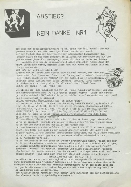 Ein Flugblatt, schwerzer Text af weissem Grund, Überschrift "Abstieg? Nein Danke Nr1", am Rand einige cartoonhafte Zeichnungen