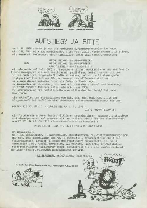 Flugblatt, schwarzer Text auf weissem Grund, Überschrift "Aufstieg? Ja Bitte", an den Rändern cartoonhafte Zeichnungen